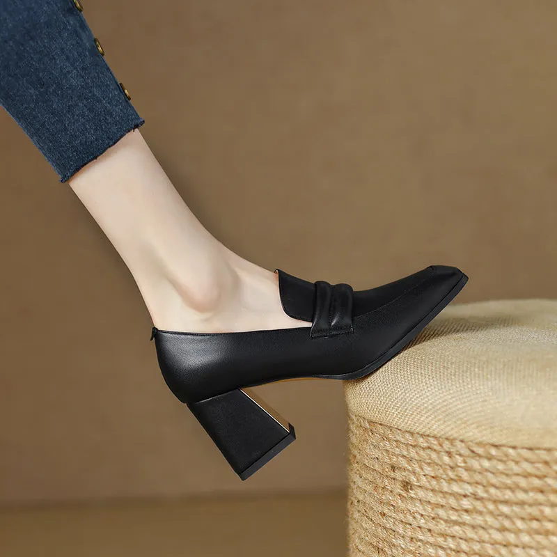 Indi Square Toe Black Heeled Loafers