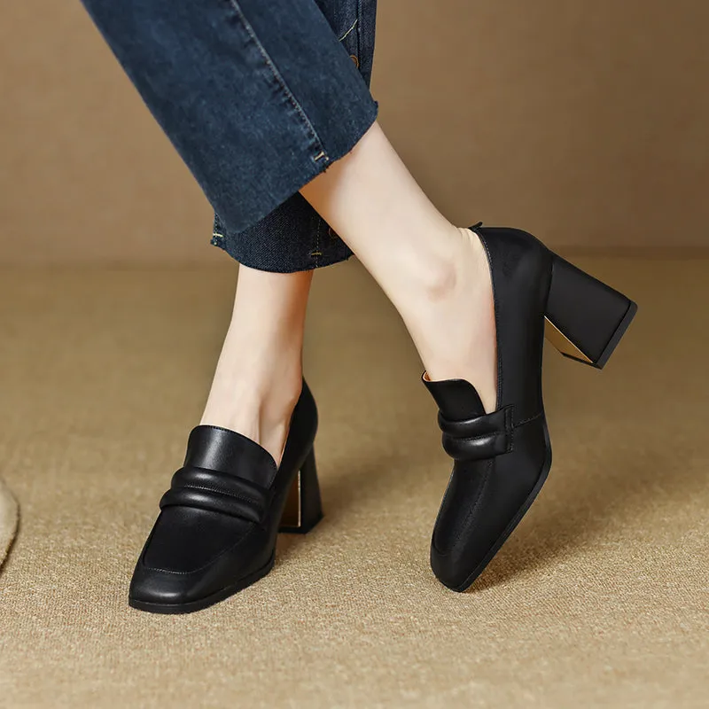 Indi Square Toe Black Heeled Loafers