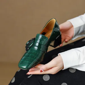 Iona Emerald Green Crocodile Floral Loafer Heels