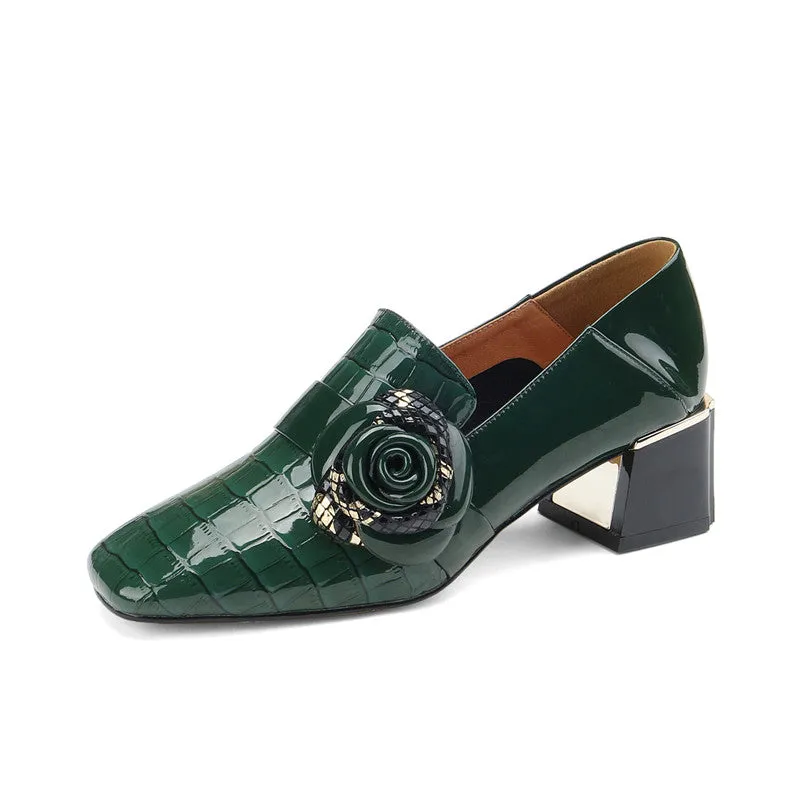 Iona Emerald Green Crocodile Floral Loafer Heels