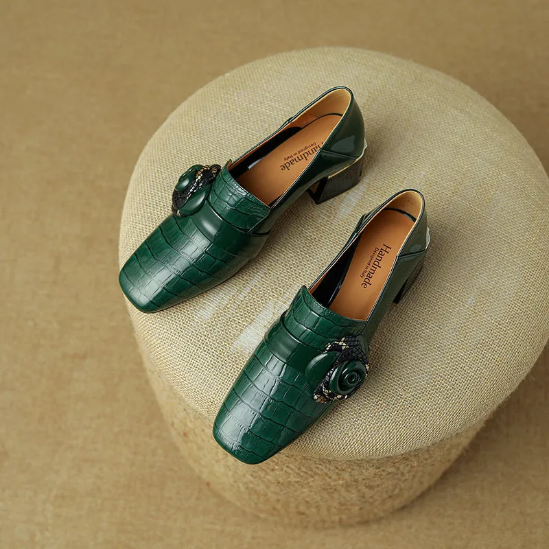 Iona Emerald Green Crocodile Floral Loafer Heels