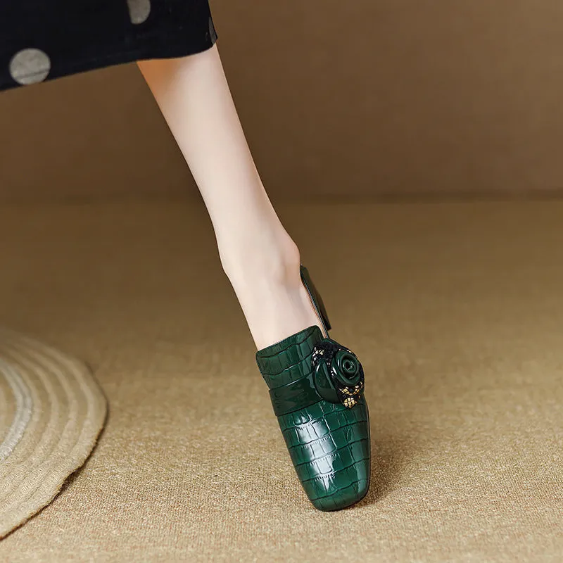 Iona Emerald Green Crocodile Floral Loafer Heels