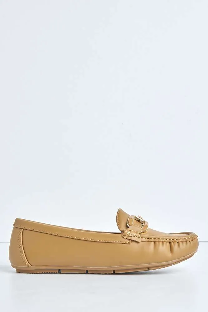 Janet Flat Square Toe Loafers with Chain Detail in Camel