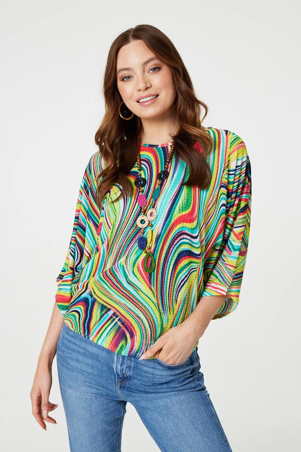 Marbled Batwing Top with Necklace