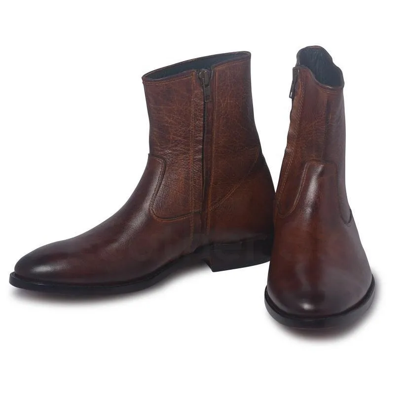 Men Brown Zipper Ankle Genuine Leather Boots