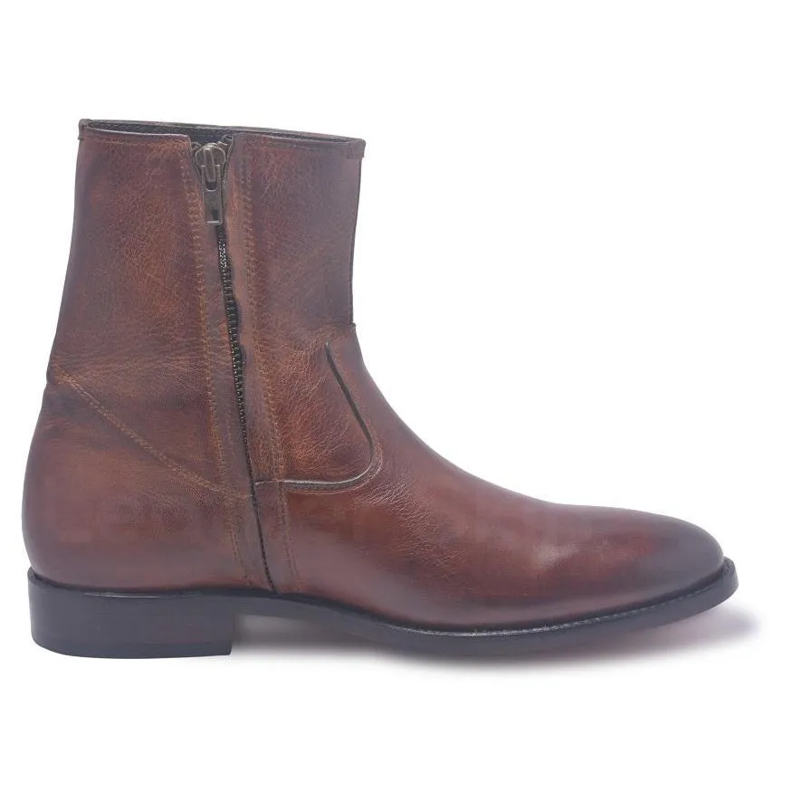 Men Brown Zipper Ankle Genuine Leather Boots