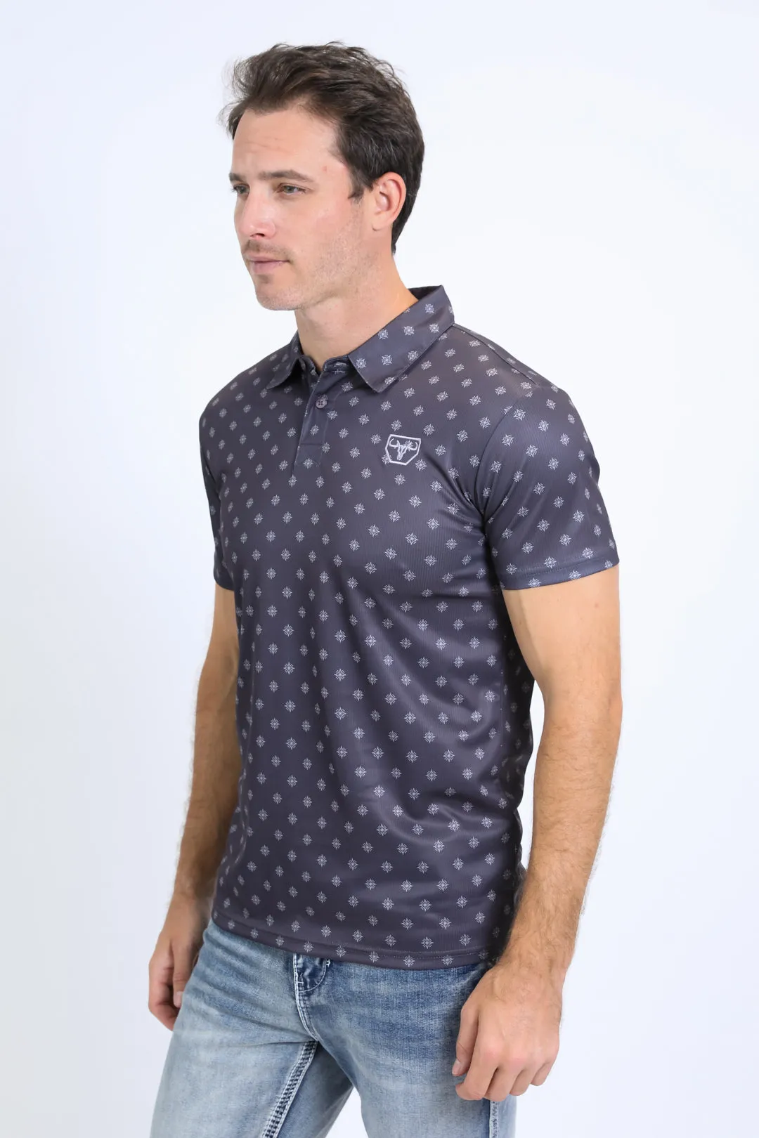 Mens Performance Fabric Print Charcoal Polo