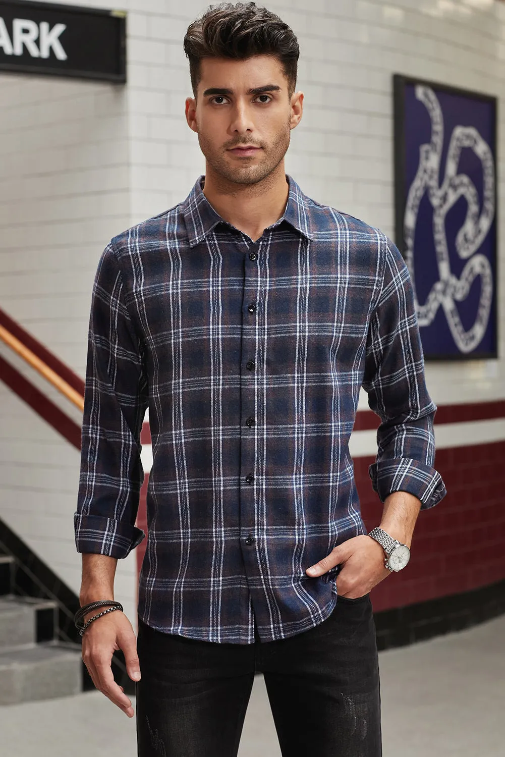 Men's Plaid Print Button Up Long Sleeve Shirt