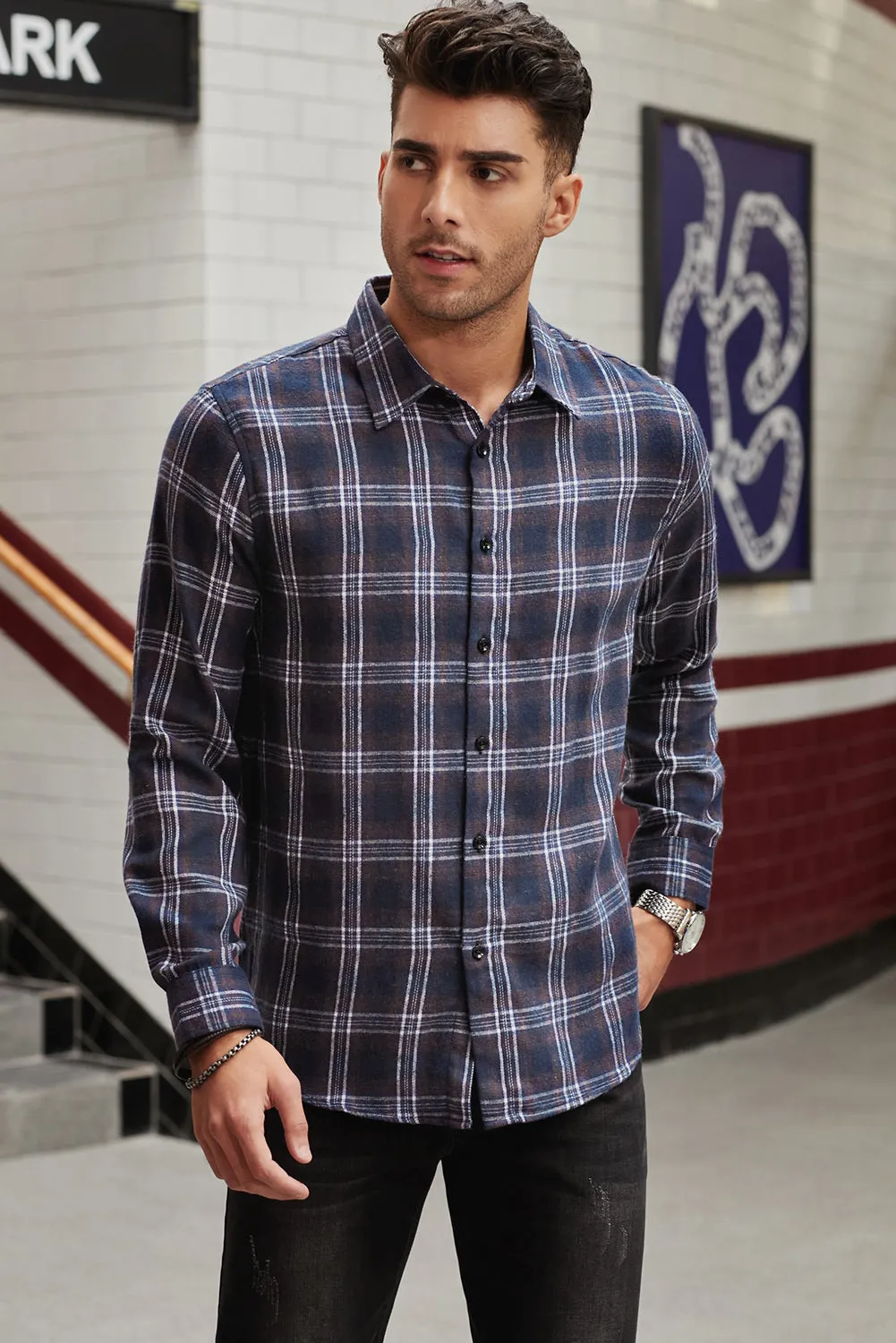 Men's Plaid Print Button Up Long Sleeve Shirt