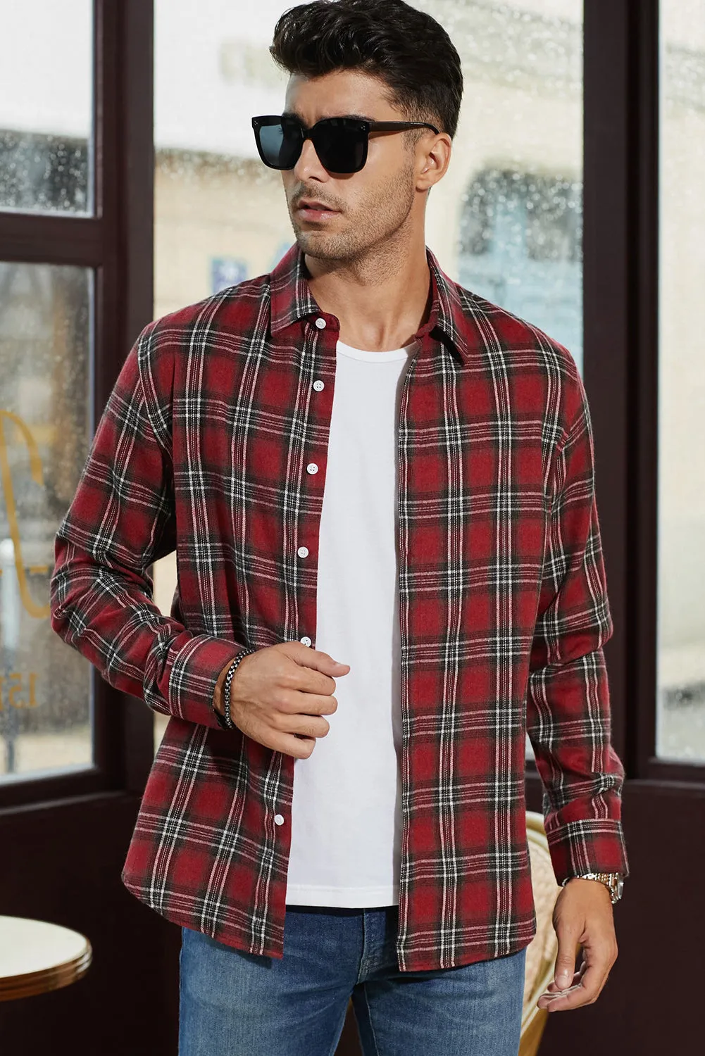 Men's Plaid Print Button Up Long Sleeve Shirt