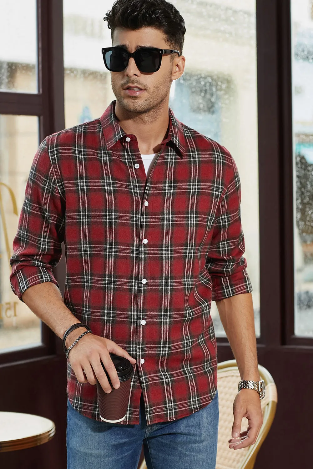 Men's Plaid Print Button Up Long Sleeve Shirt