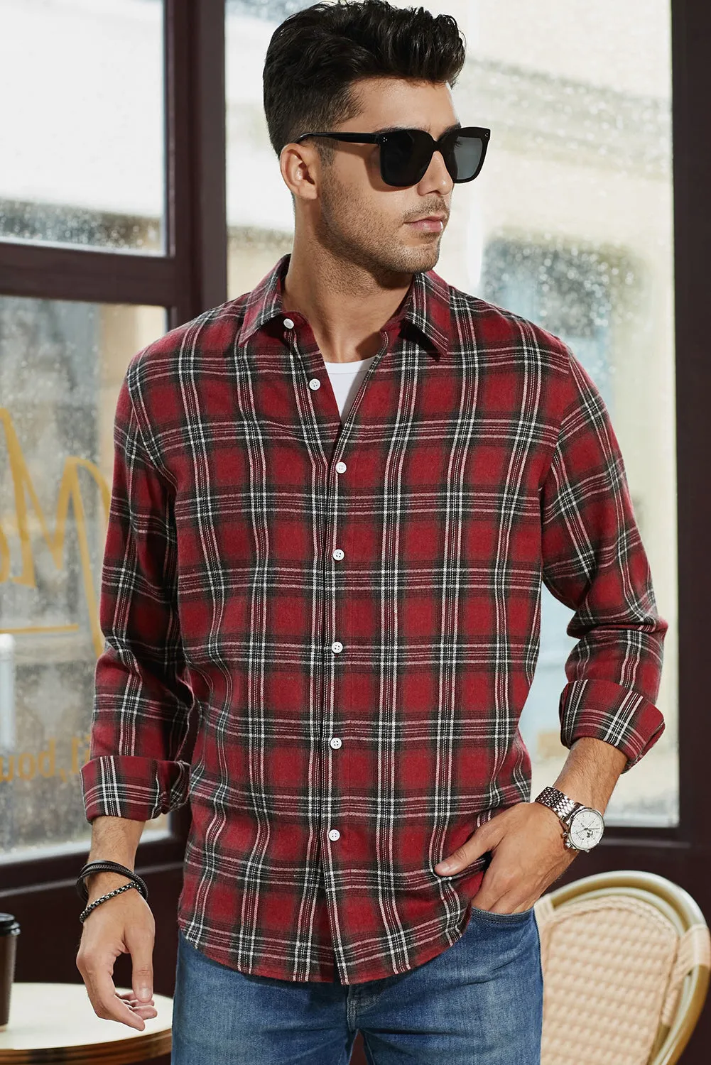 Men's Plaid Print Button Up Long Sleeve Shirt