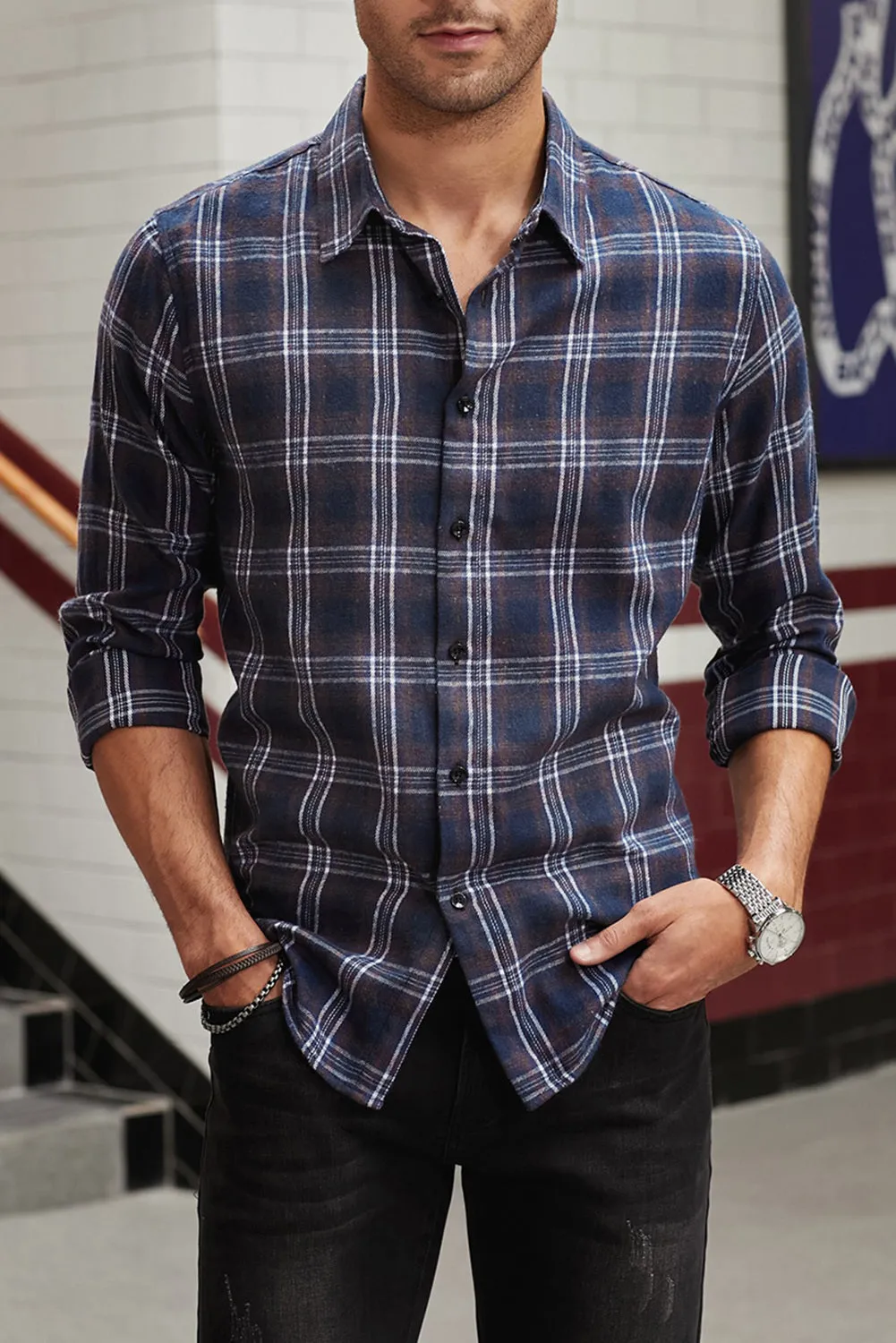 Men's Plaid Print Button Up Long Sleeve Shirt