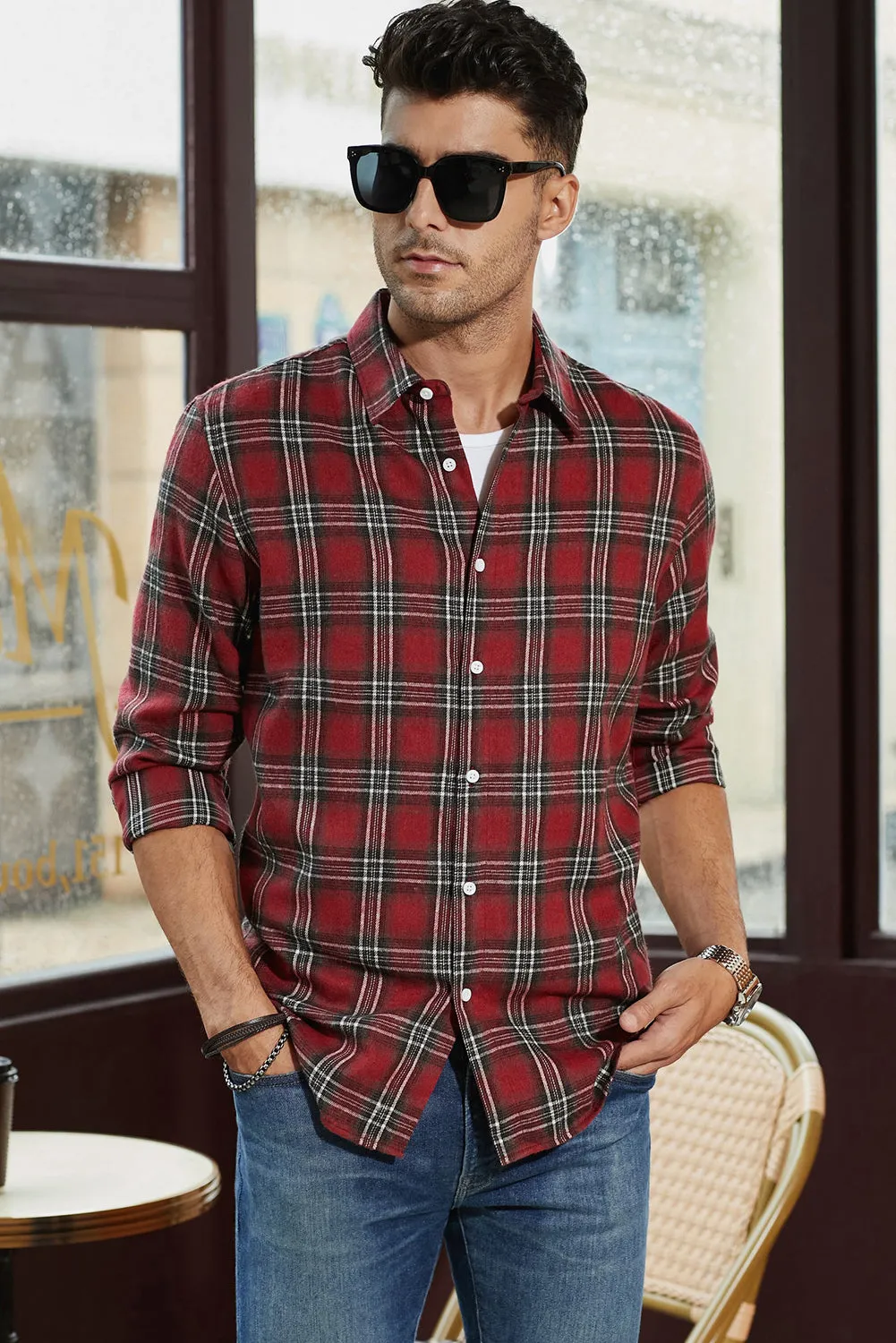 Men's Plaid Print Button Up Long Sleeve Shirt