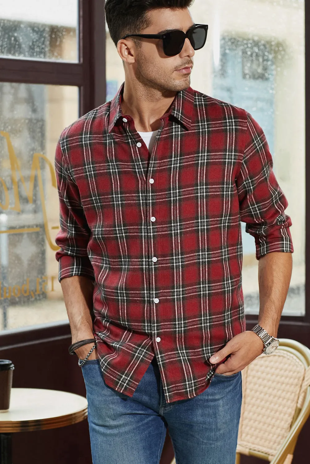 Men's Plaid Print Button Up Long Sleeve Shirt