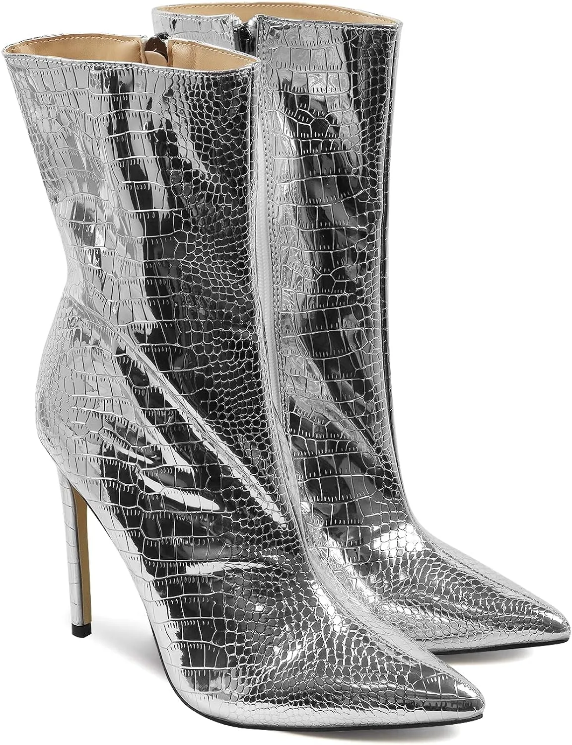 Metallic Silver Stone Pattern Leather Ankle Boots