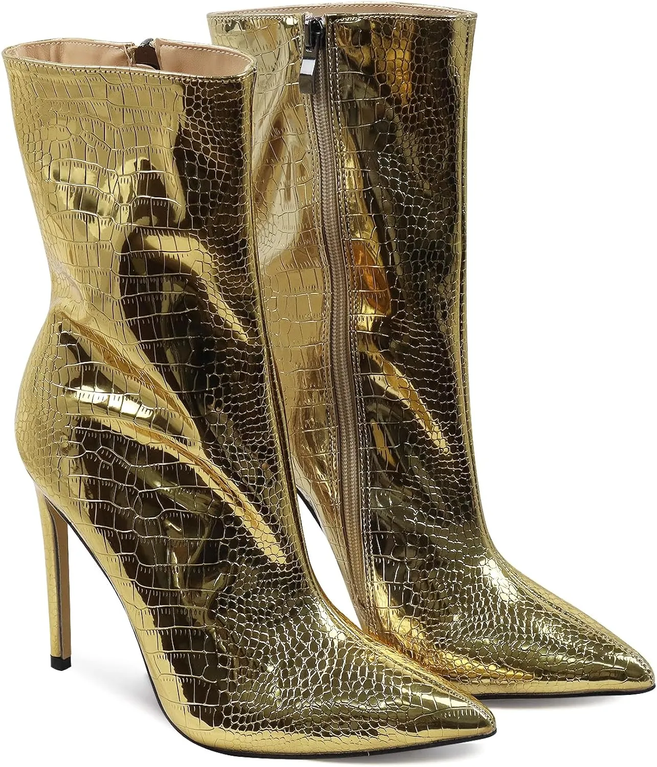 Metallic Silver Stone Pattern Leather Ankle Boots