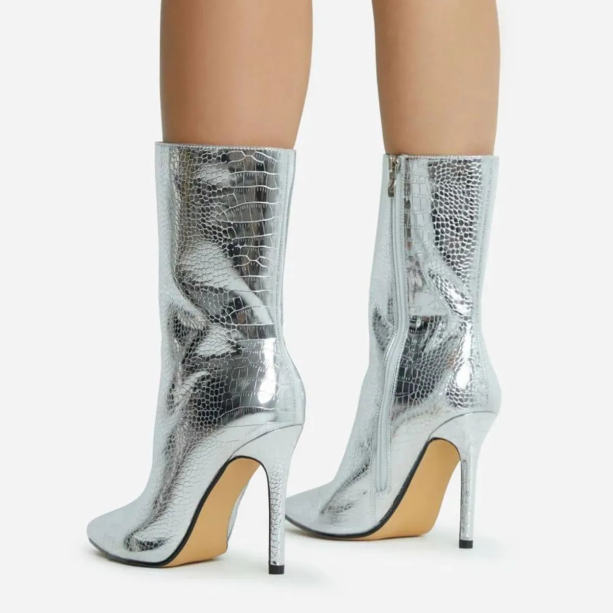 Metallic Silver Stone Pattern Leather Ankle Boots