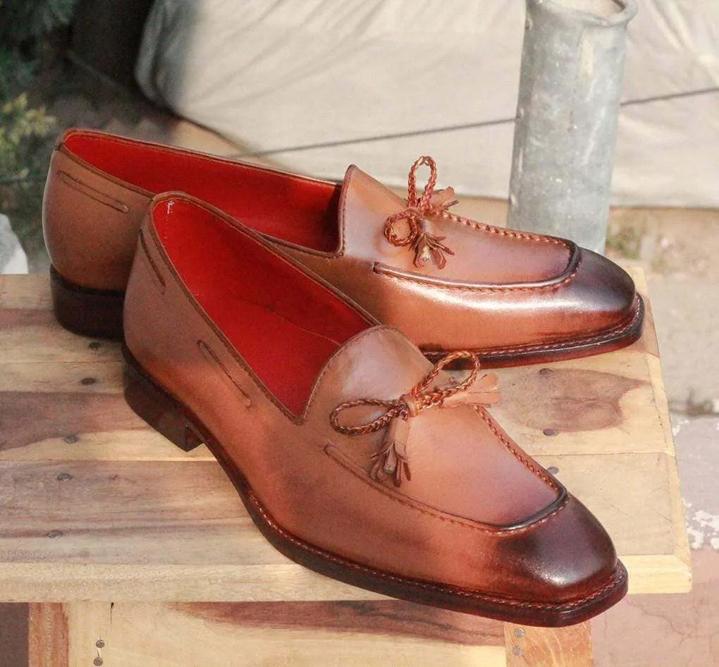 New Handmade Men's Brown Leather Tassel Loafer Shoes, Men Dress Formal Slip On Shoes