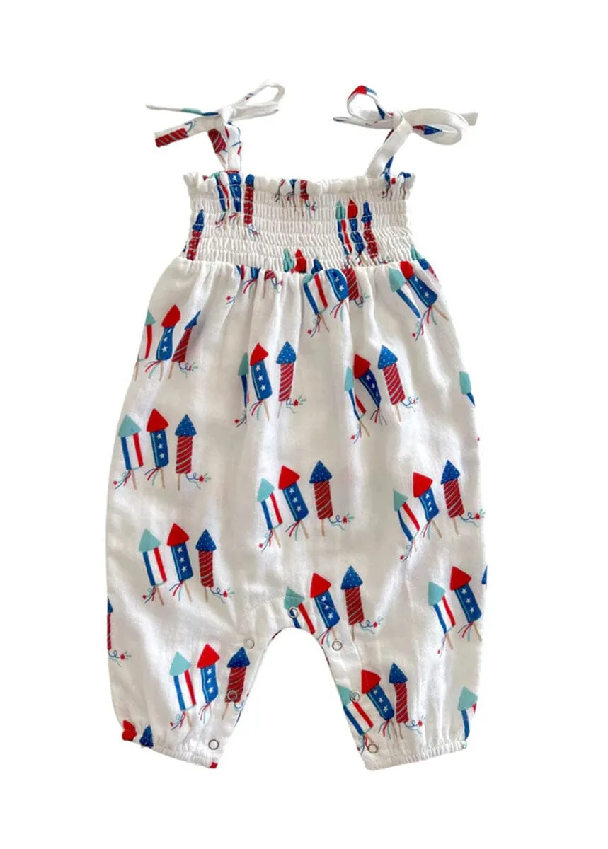 Organic Smocked Jumpsuit - Firecrackers