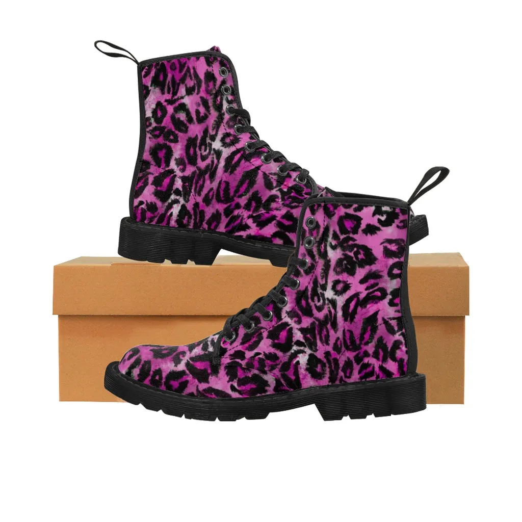 Pink Leopard Men's Boots, Animal Print Best Winter Work Combat Hiking Boots Laced Up Hiker Shoes For Men (US Size: 7-10.5)