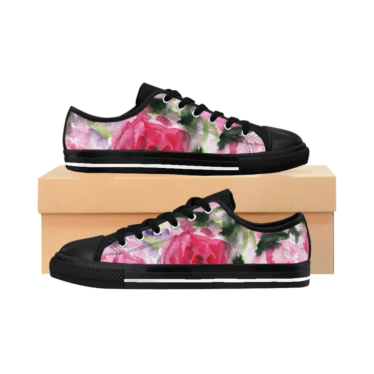 Pink Rose Low Top Sneakers, Pink Rose Floral Print Best Designer Women's Low Top Running Tennis Shoes (US Size 6-12)