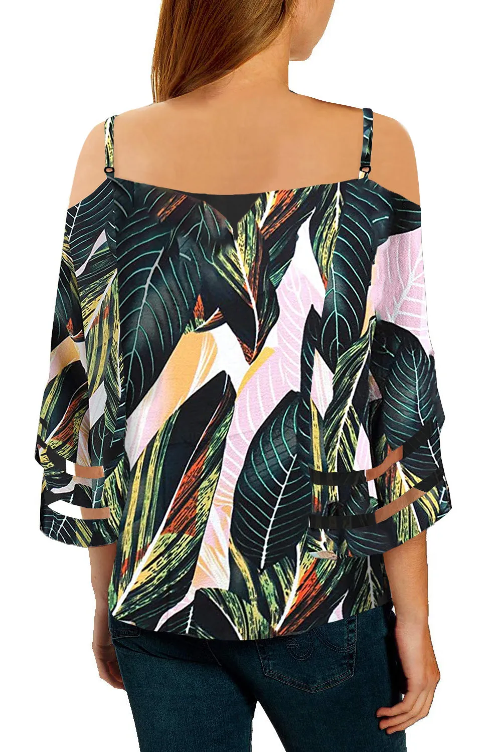 Printed Off Shoulder Cut Out Sleeve Blouse