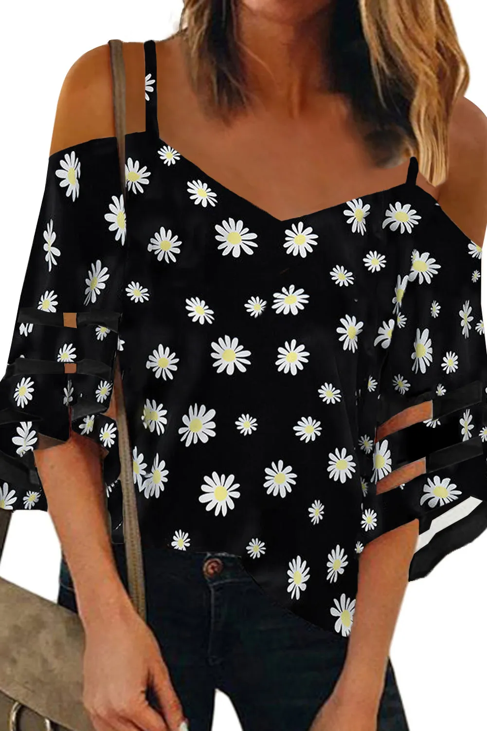 Printed Off Shoulder Cut Out Sleeve Blouse