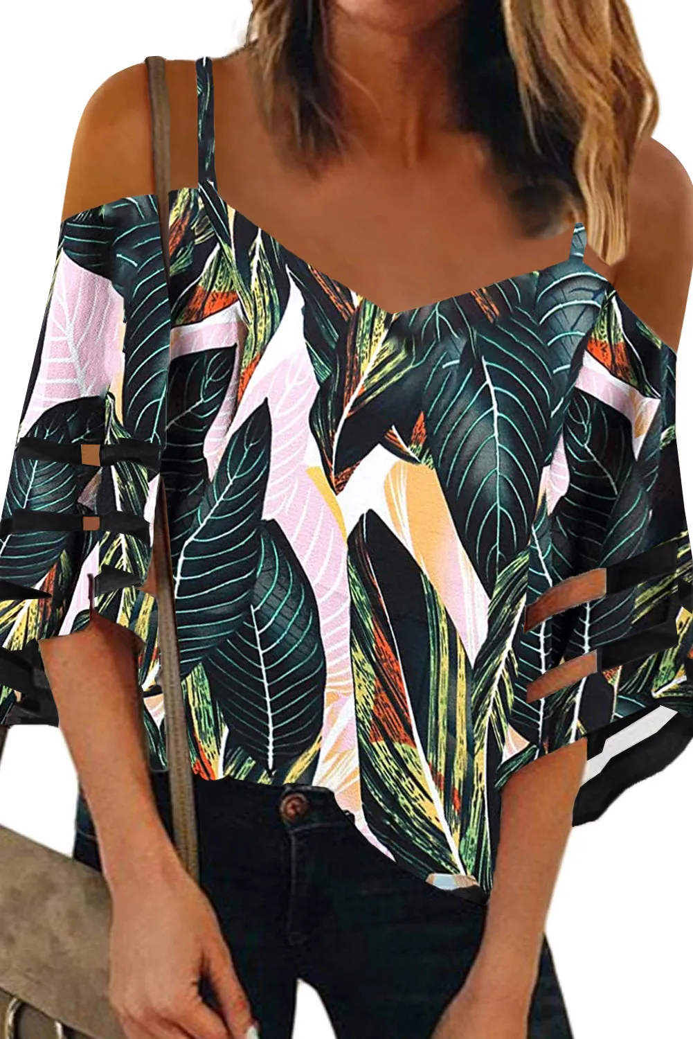 Printed Off Shoulder Cut Out Sleeve Blouse