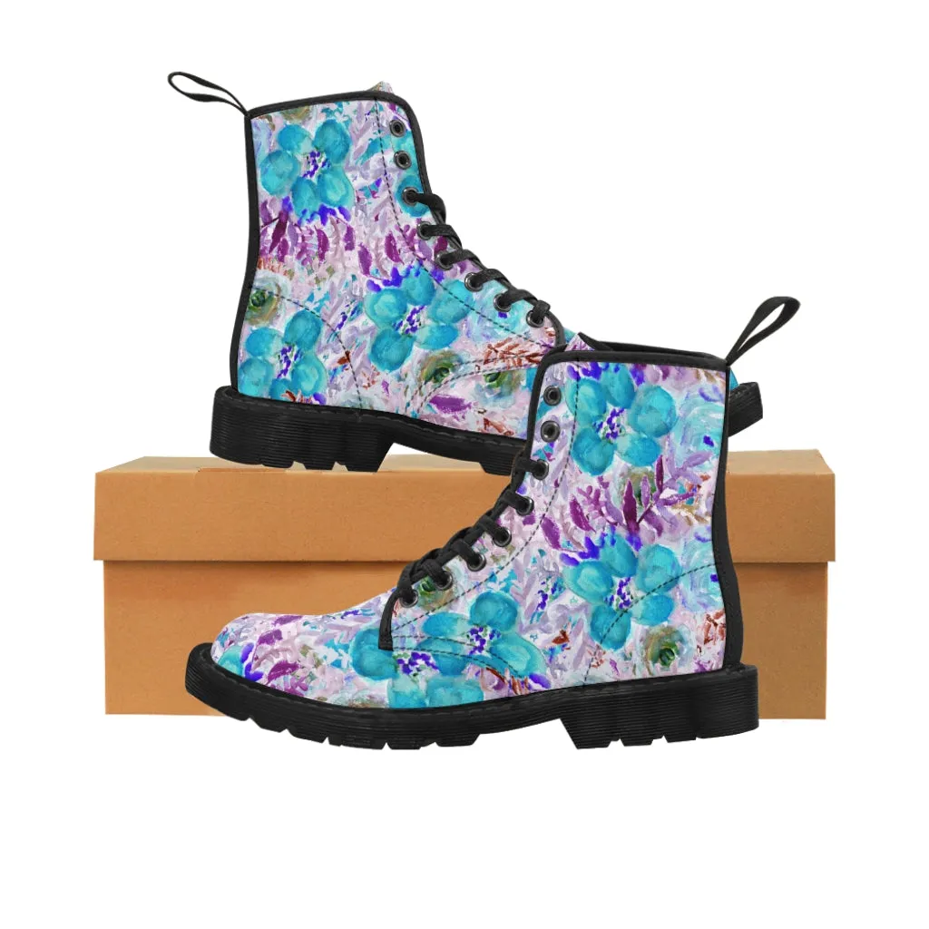 Purple Floral Print Men's Boots, Best Hiking Winter Boots Laced Up Designer Shoes For Men