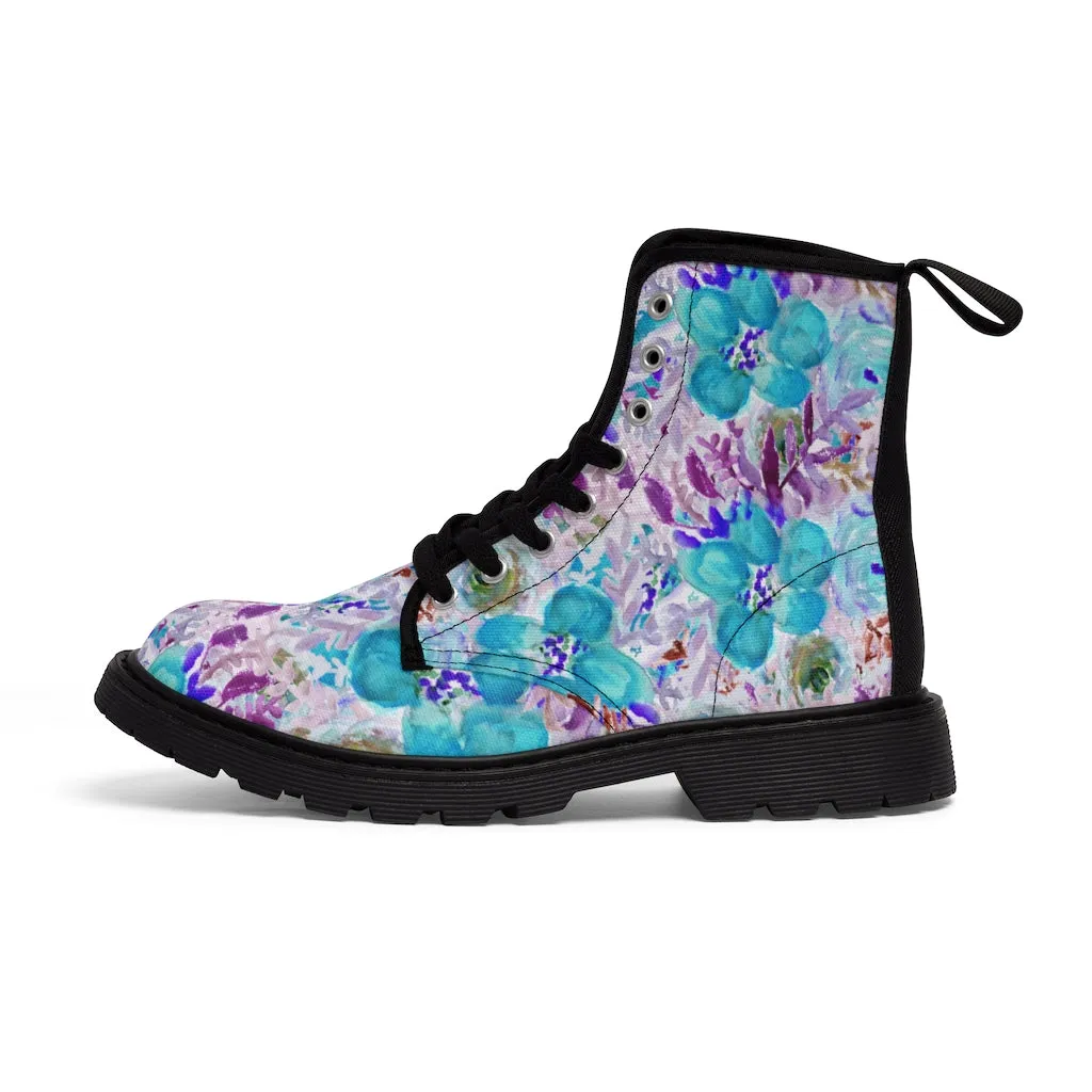 Purple Floral Print Men's Boots, Best Hiking Winter Boots Laced Up Designer Shoes For Men