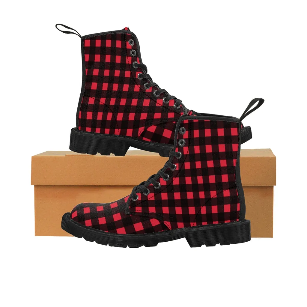 Red Buffalo Men's Boots, Best Plaid Flannel Print Hiking Winter Laced Up Shoes For Men