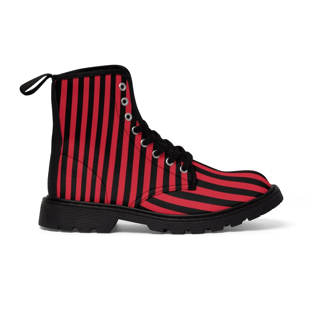 Red Striped Print Men's Boots, Black Red Stripes Best Hiking Winter Boots Laced Up Shoes For Men