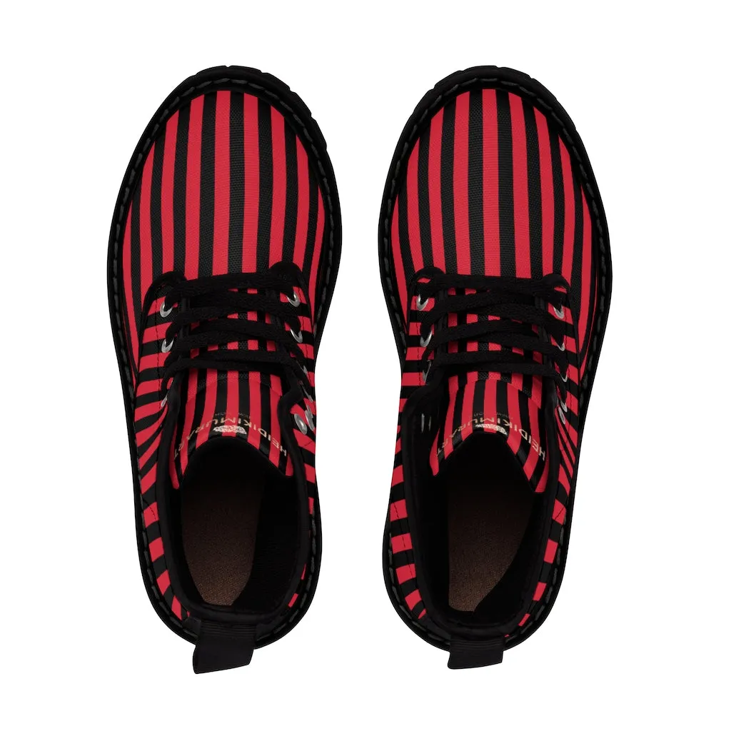 Red Striped Print Men's Boots, Black Red Stripes Best Hiking Winter Boots Laced Up Shoes For Men