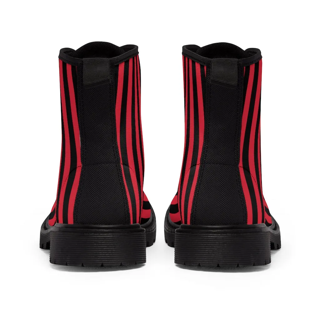 Red Striped Print Men's Boots, Black Red Stripes Best Hiking Winter Boots Laced Up Shoes For Men