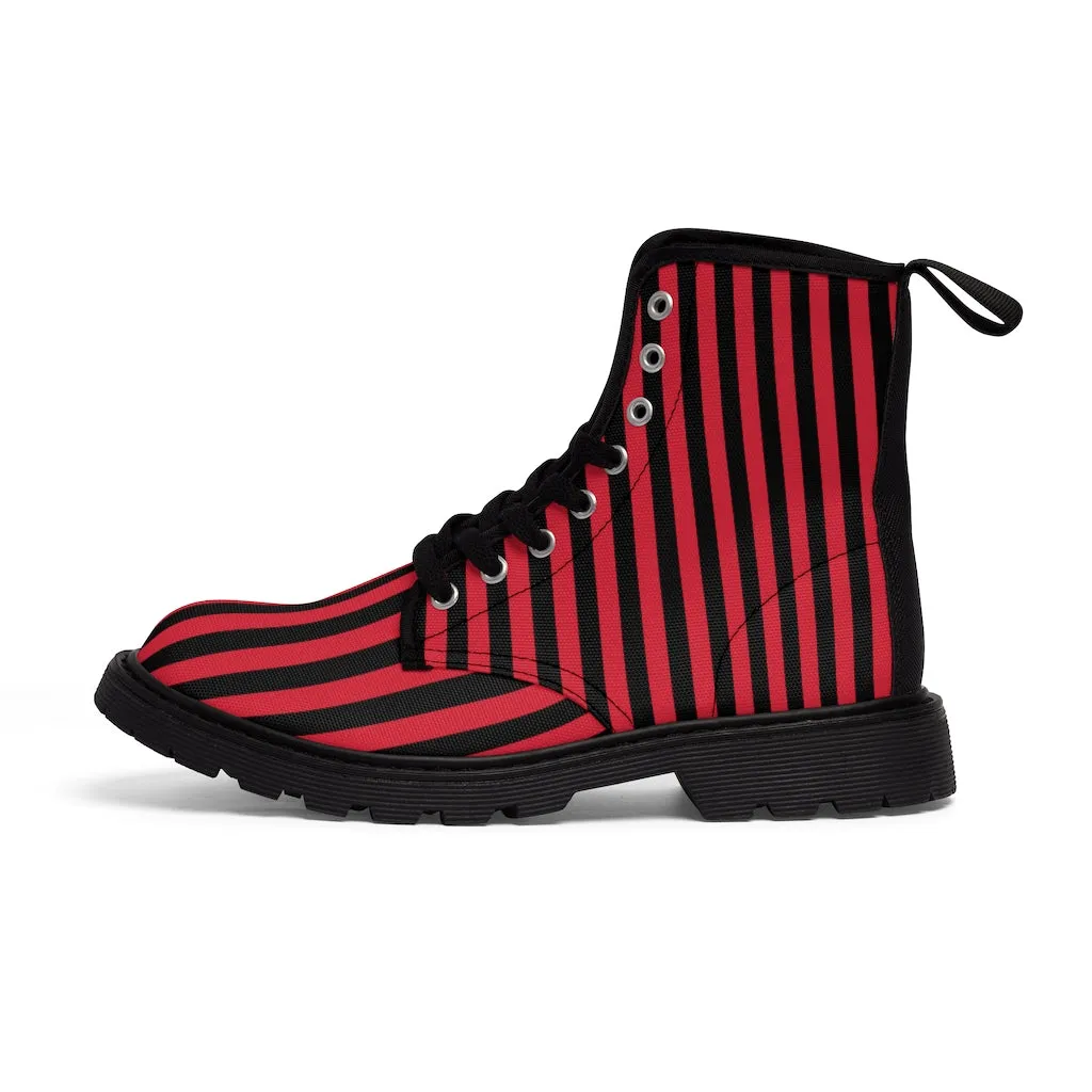 Red Striped Print Men's Boots, Black Red Stripes Best Hiking Winter Boots Laced Up Shoes For Men