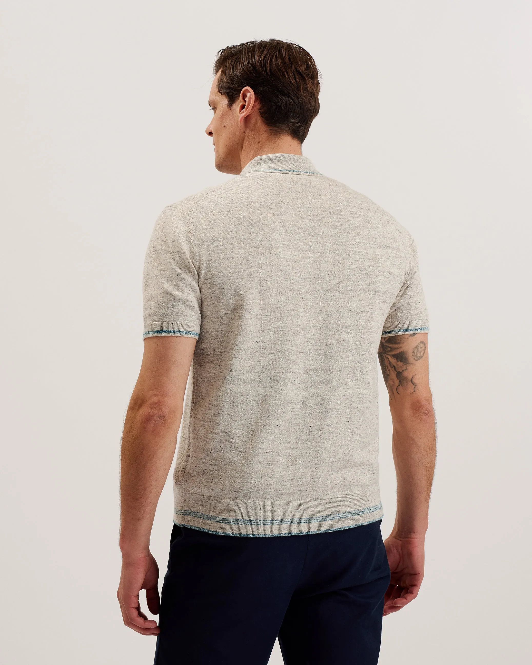 Rojor Ss Zip Through Textured Front Polo Natural