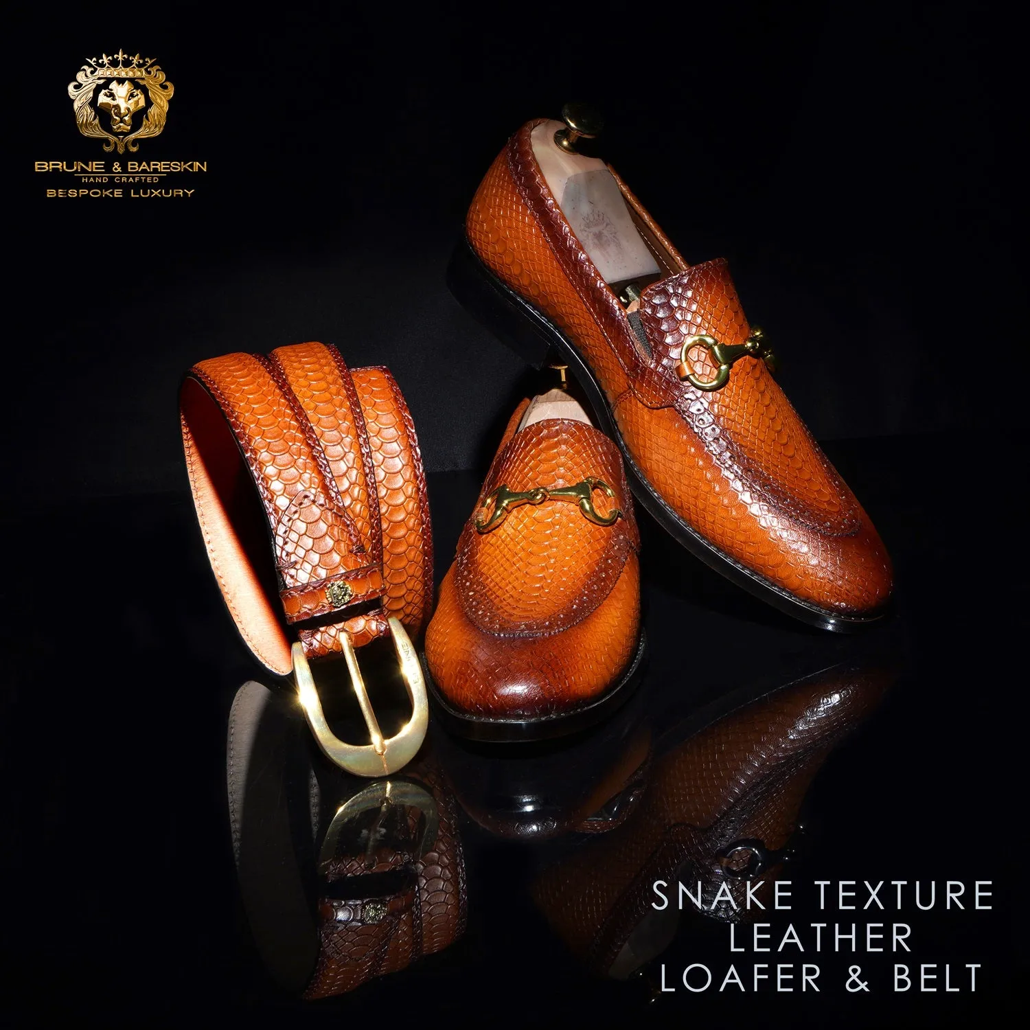 Snake Skin Textured Leather Combo of Loafer and Belt