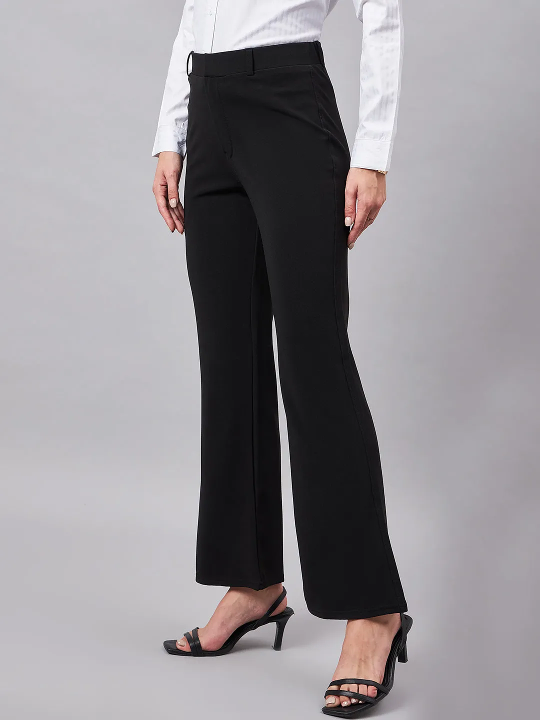 Style Quotient Women Solid Black Self Design Polyester Formal Trouser