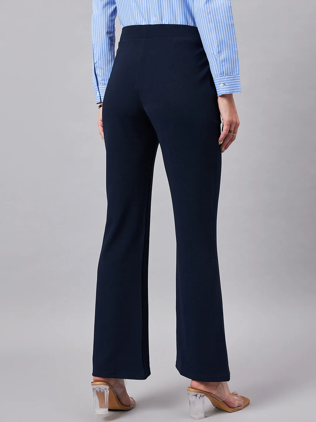 Style Quotient Women Solid Navy Self Design Polyester Formal Trouser