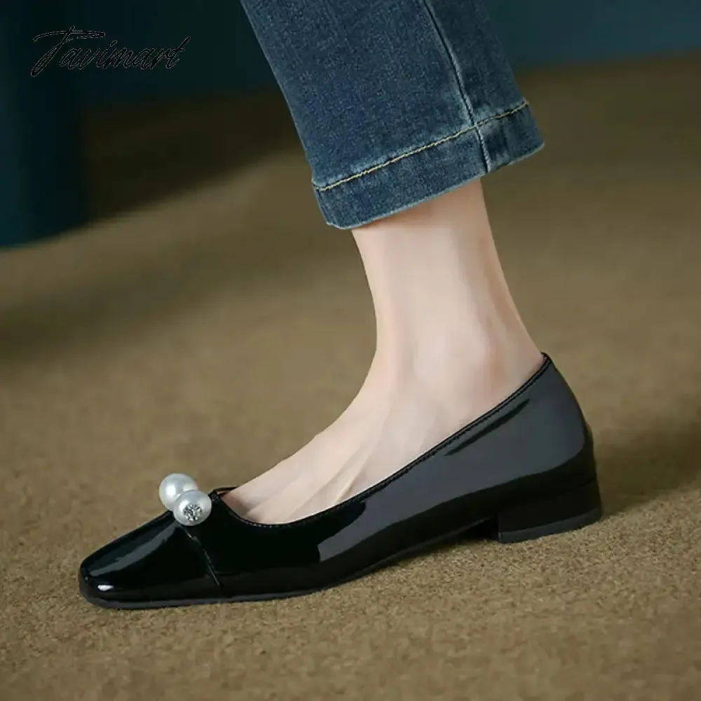 TAVIMART New Women's Flats Patent Leather Boat Shoes Square Toe Two Pearls Dress Shoes Low Heels Black Office Shallow Zapatos Mujer 1331N