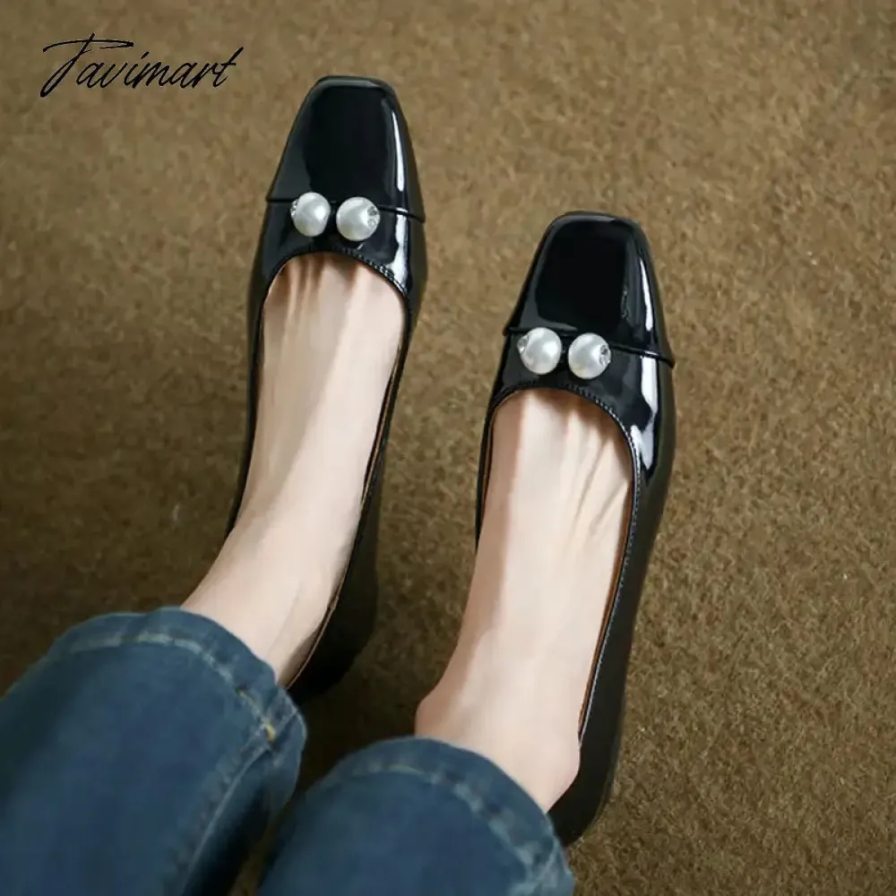 TAVIMART New Women's Flats Patent Leather Boat Shoes Square Toe Two Pearls Dress Shoes Low Heels Black Office Shallow Zapatos Mujer 1331N