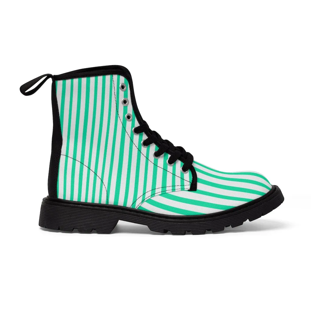 Turquoise Striped Print Men's Boots, Blue White Stripes Best Hiking Winter Boots Laced Up Shoes For Men