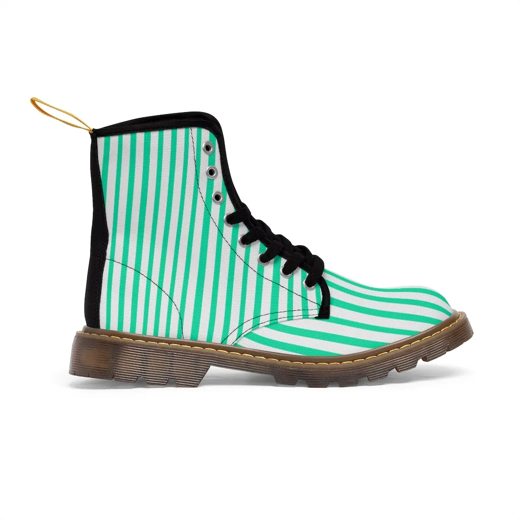 Turquoise Striped Print Men's Boots, Blue White Stripes Best Hiking Winter Boots Laced Up Shoes For Men