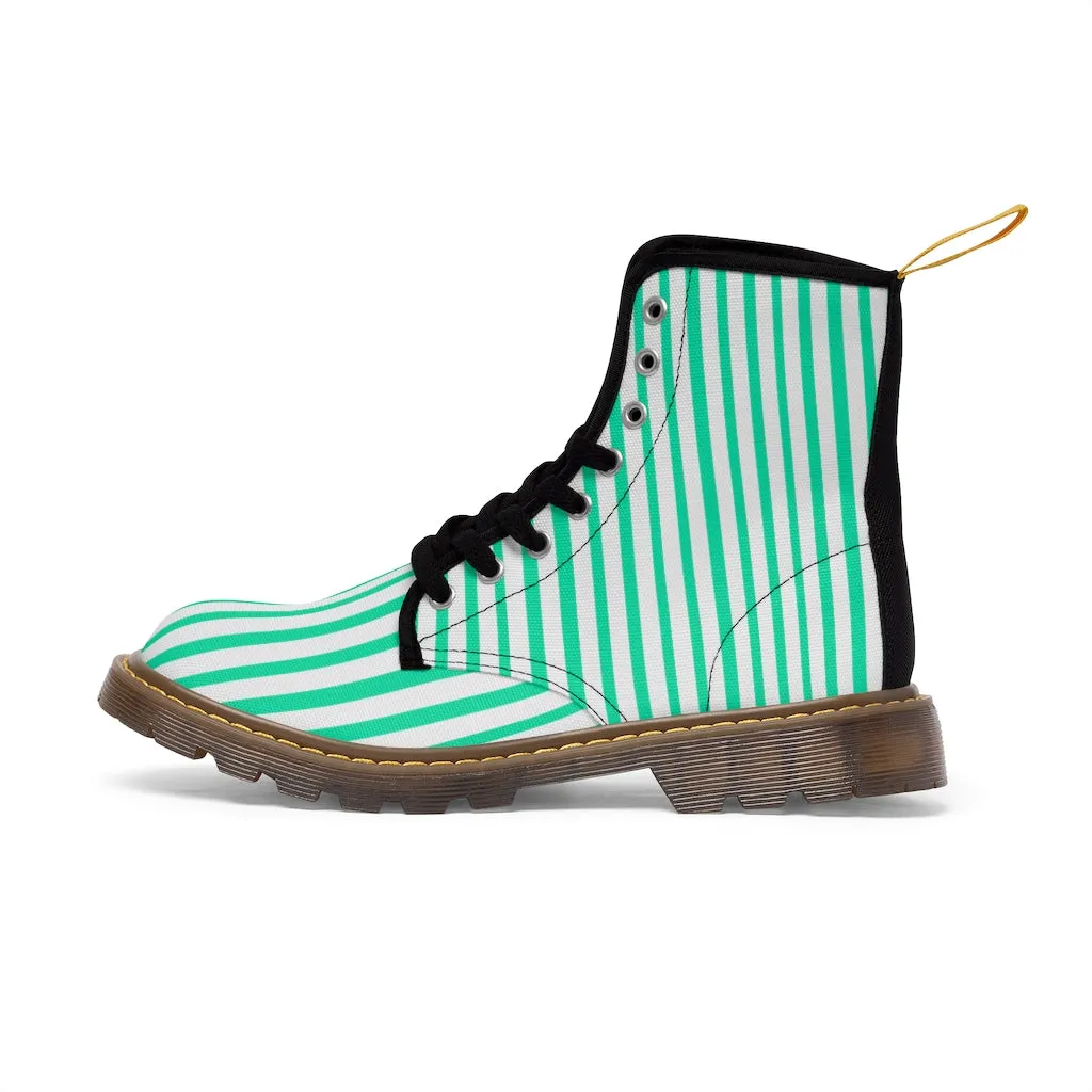 Turquoise Striped Print Men's Boots, Blue White Stripes Best Hiking Winter Boots Laced Up Shoes For Men