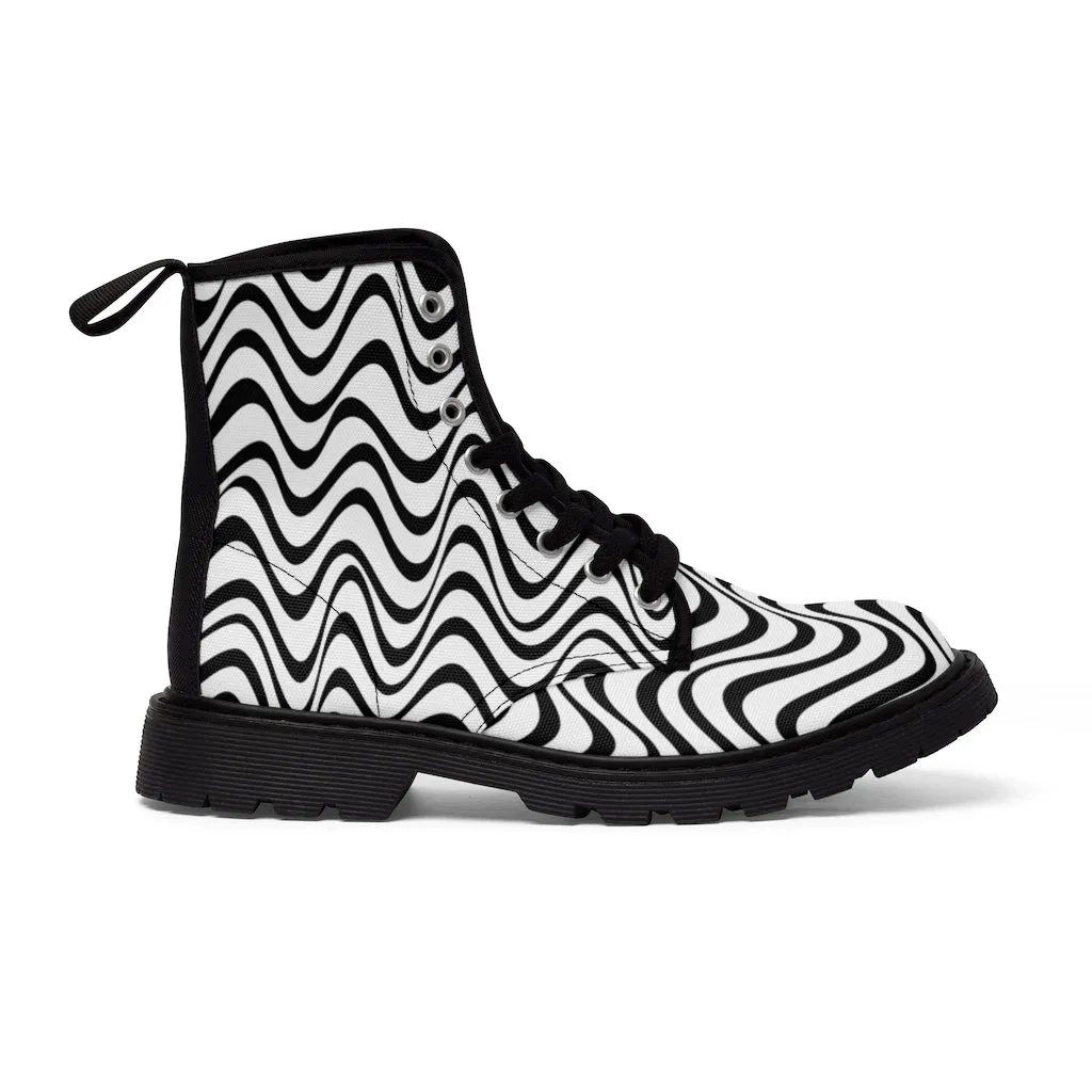 Wavy Print Men's Boots, Black White Best Hiking Winter Boots Laced Up Shoes For Men