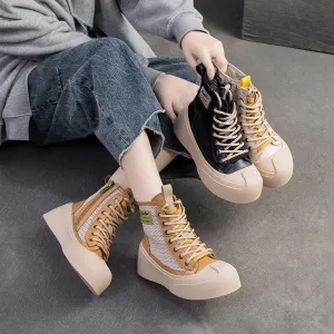 Women Breathable Mesh Leather Casual Platform Boots