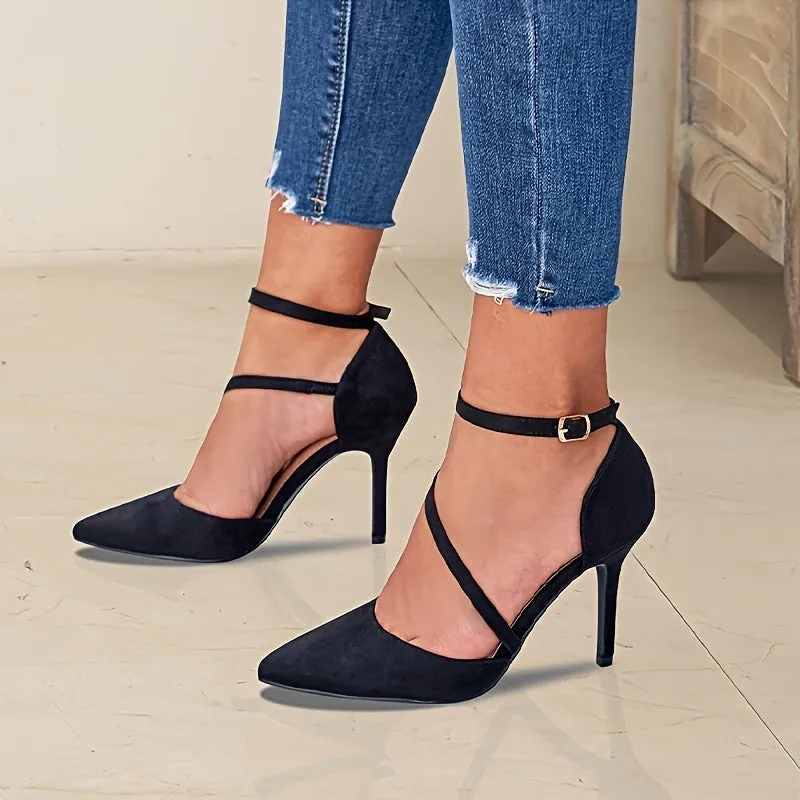 Women's Breathable Stiletto Sandals Pointed Toe Ankle Strap Solid Color Pumps