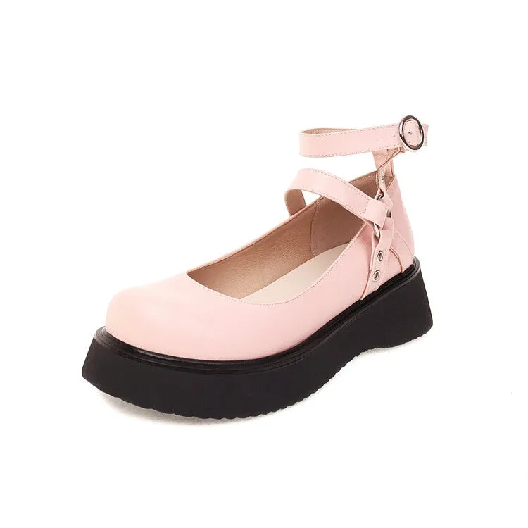 Women's Lolita Round Toe Double Ankle Strap Buckle Platform Flats Shoes