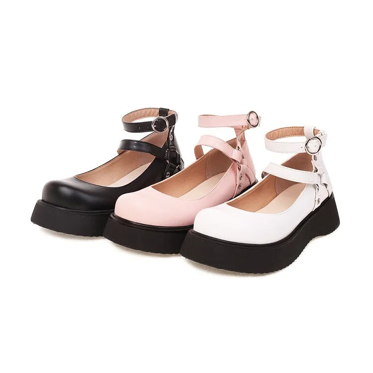 Women's Lolita Round Toe Double Ankle Strap Buckle Platform Flats Shoes